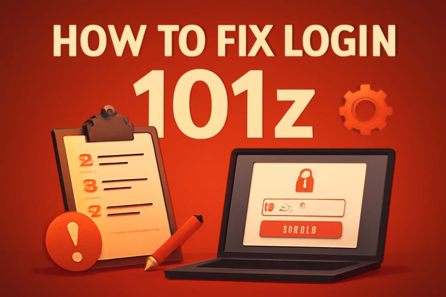 An informative scene illustrating a guide on resolving 101z login issues with visual elements in red.